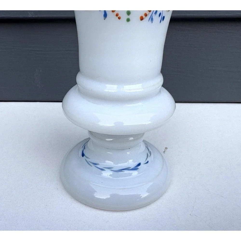 Antique Bristol opaline blown glass vase hand painted flowers EVC Victorian